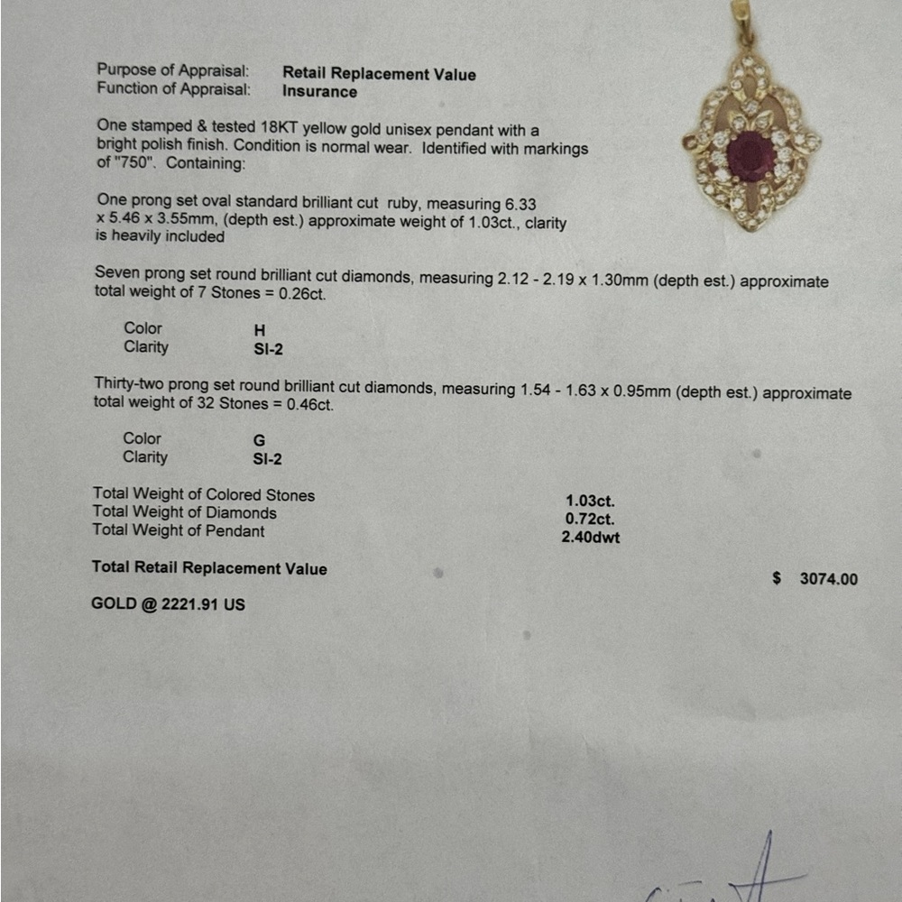 18K yellow gold ruby/diamond pendant - Picture 5 of 5